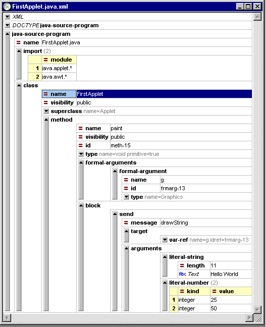 XML Spy's Tree view of FirstApplet's JavaML Representation.